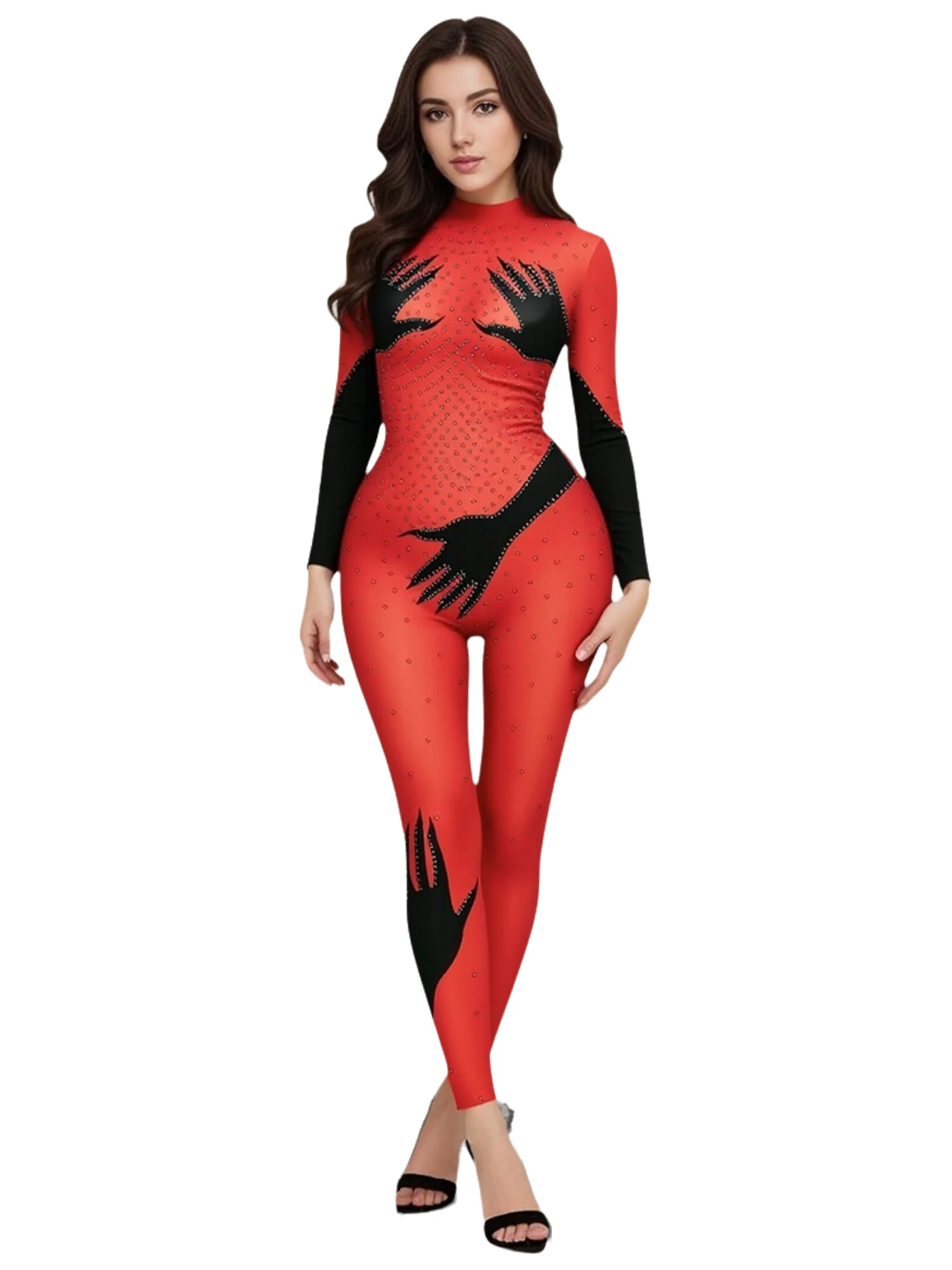 

Womens Shiny Rhinestone Hands Print Jumpsuit Mock Neck Long Sleeve Bodycon Bodysuit Rompers for Nightclub Fancy Dress-up Party