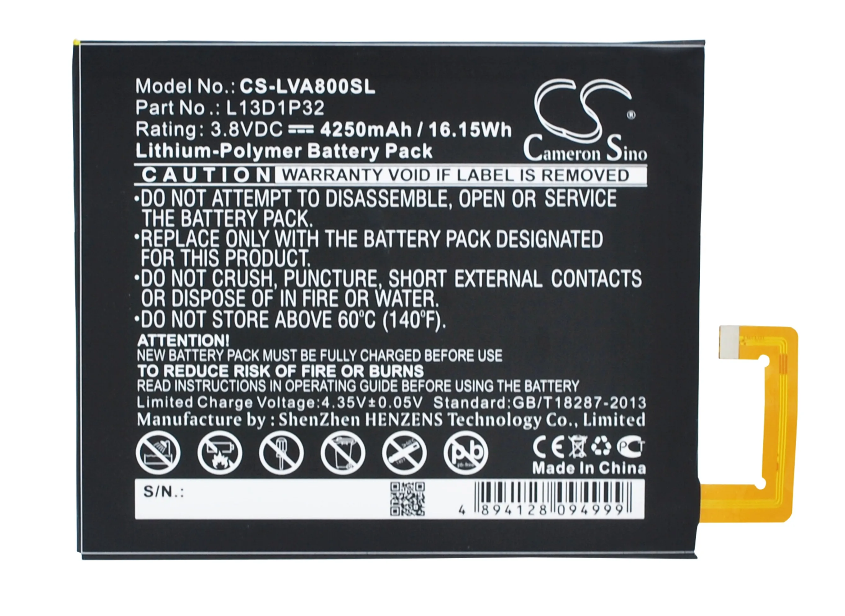 Tablet Battery For  Lenovo L13D1P32 IdeaPad A8  A8-50  A5500  TAB3 8 Volts 3.8  Capacity 4250mAh / 16.15Wh