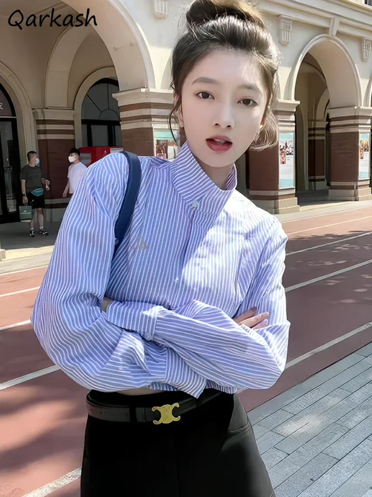 Shirts Women Spring Striped American Retro Embroidery Stand Collar Leisure Loose Aesthetic Preppy Style College Chemise Femme