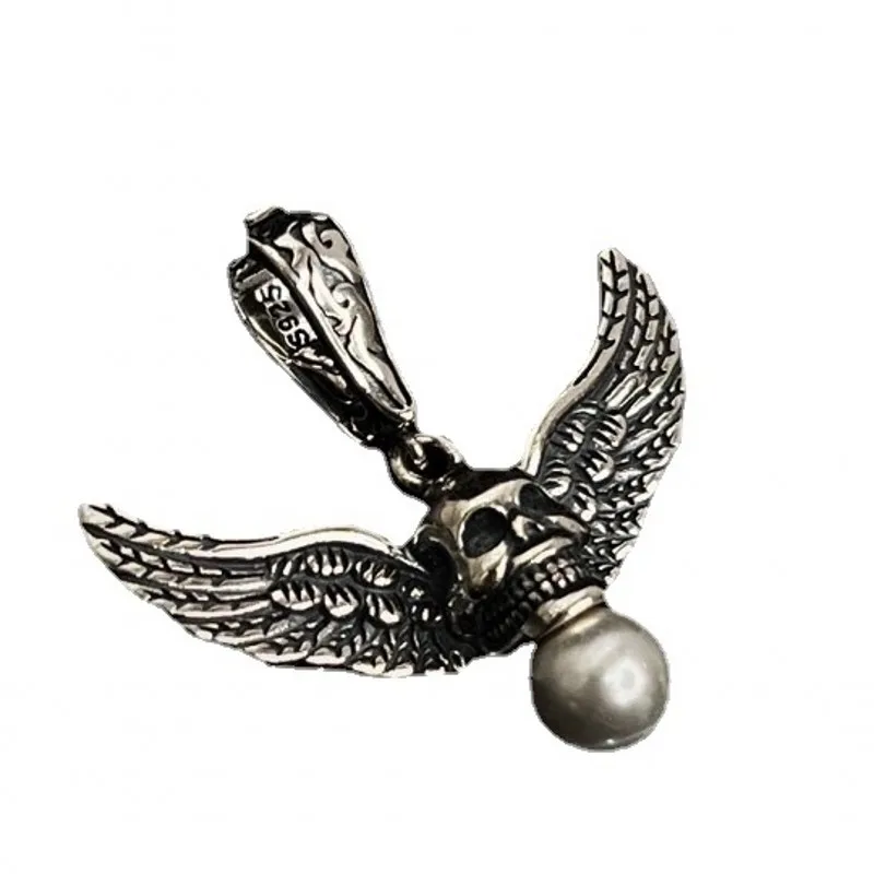 BOCAI New S925 pure silver retro personality punk wing skull pearl pendant Ladies' Gift