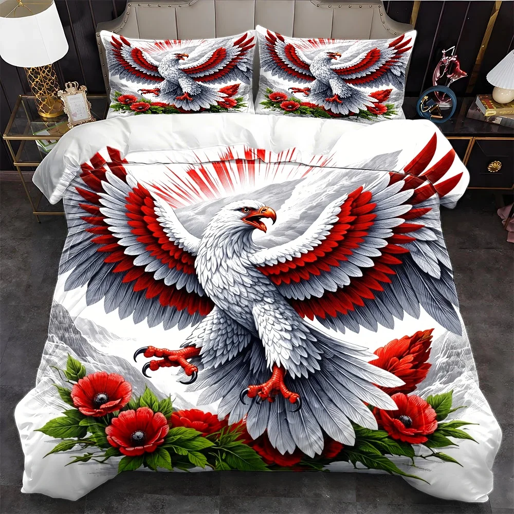 3Pc_ Dominant Eagle and Red Poppy Flower Bedding Set (1_Quilt Cover + 2_Pillowcases), Quilt Cover Set Suitable for All Seasons, Machine Washable, Invisible Zipper, Personal Bed Cover Suitable for Home, Dormitory, Master Bedroom, Guest Room, Trendy Artistic Style Bedding Set, Large Size Quilt Design, Large Double Bed Cover Set, Suitable for Home, Dormitory, Master Bedroom, Guest Room, Luxurious Vintage Style Bedding