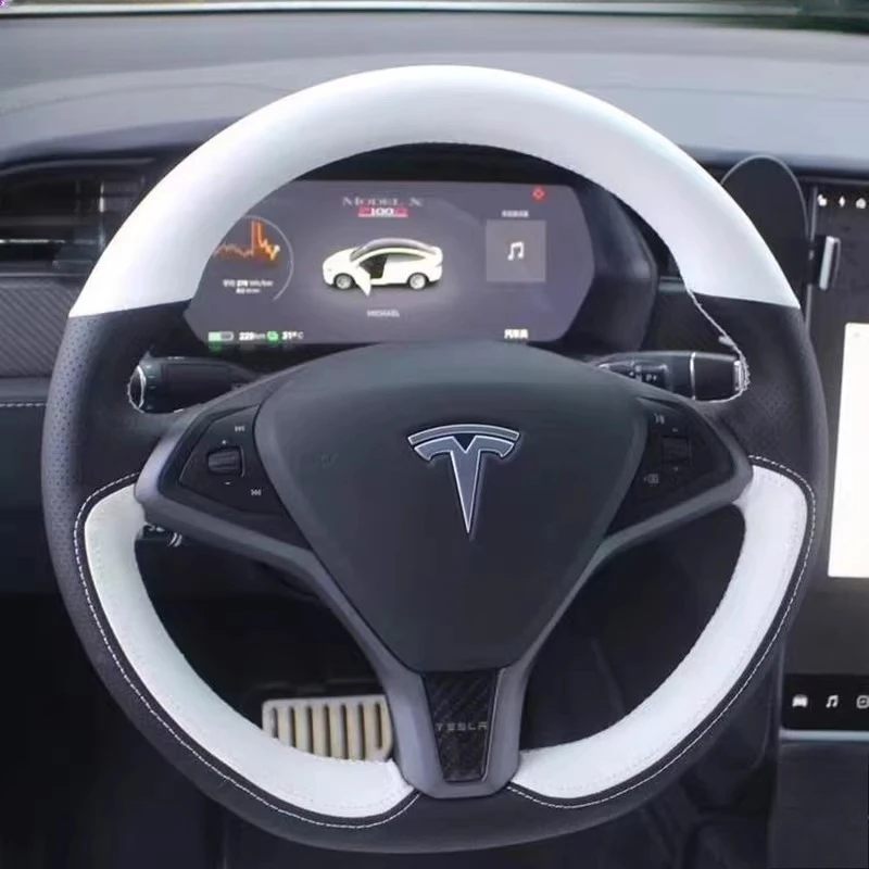 

For Tesla Model S 2009-2018 Model X 2012-2018 Hand-Stitched non-slip black White Genuine Leather Car Steering Wheel Cover