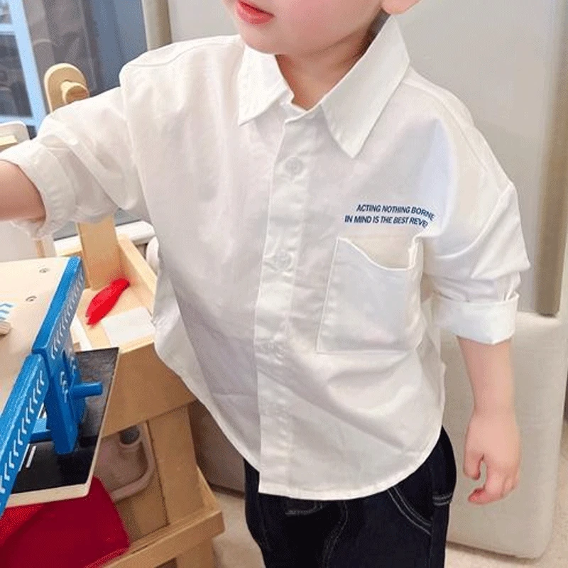 

Boys Clothing Versatile Solid Color 2023 Spring New Kids Long Sleeve Lapel Single-breasted Letter Printed Cotton Casual Shirt