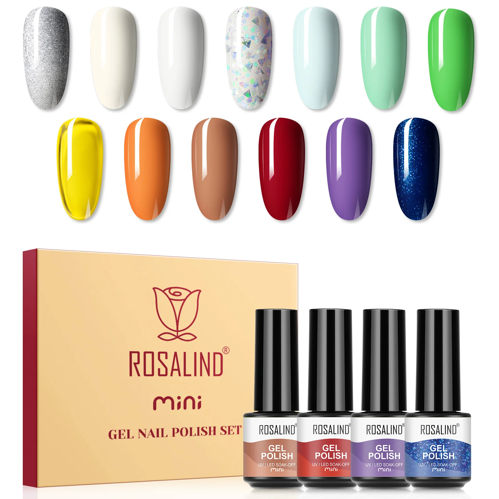 Rosalind Set di smalti per unghie gel da 16 pezzi Set di colla per unghie con rivestimento inferiore e superiore in gel da 7 ml Set di colla per unghie UV Lampada per unghie a led.