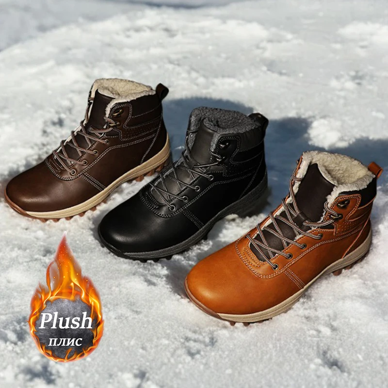 

Мужские зимние кожаные ботинки, коричневые плюшевые кроссовки, обувь для скалолазания, охоты, водонепроницаемые Нескользящие уличные походные зимние ботинки до щиколотки, 2024