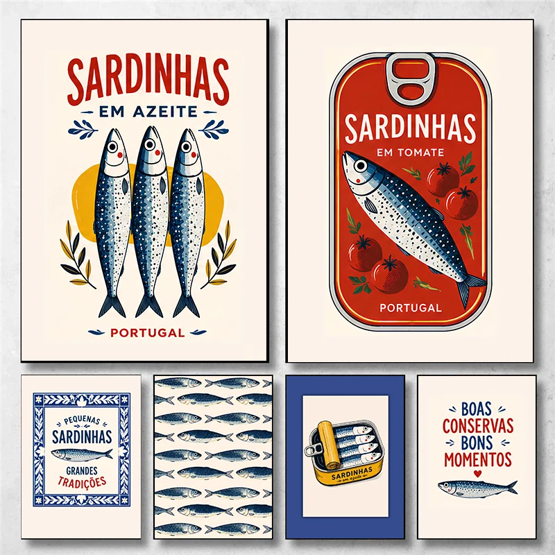 Retro Azulejo Kitchen Coastal Pantry Red Sardine Tin Posters Fish Modern Prints Canvas Painting Wall Art Picture Home Room Decor