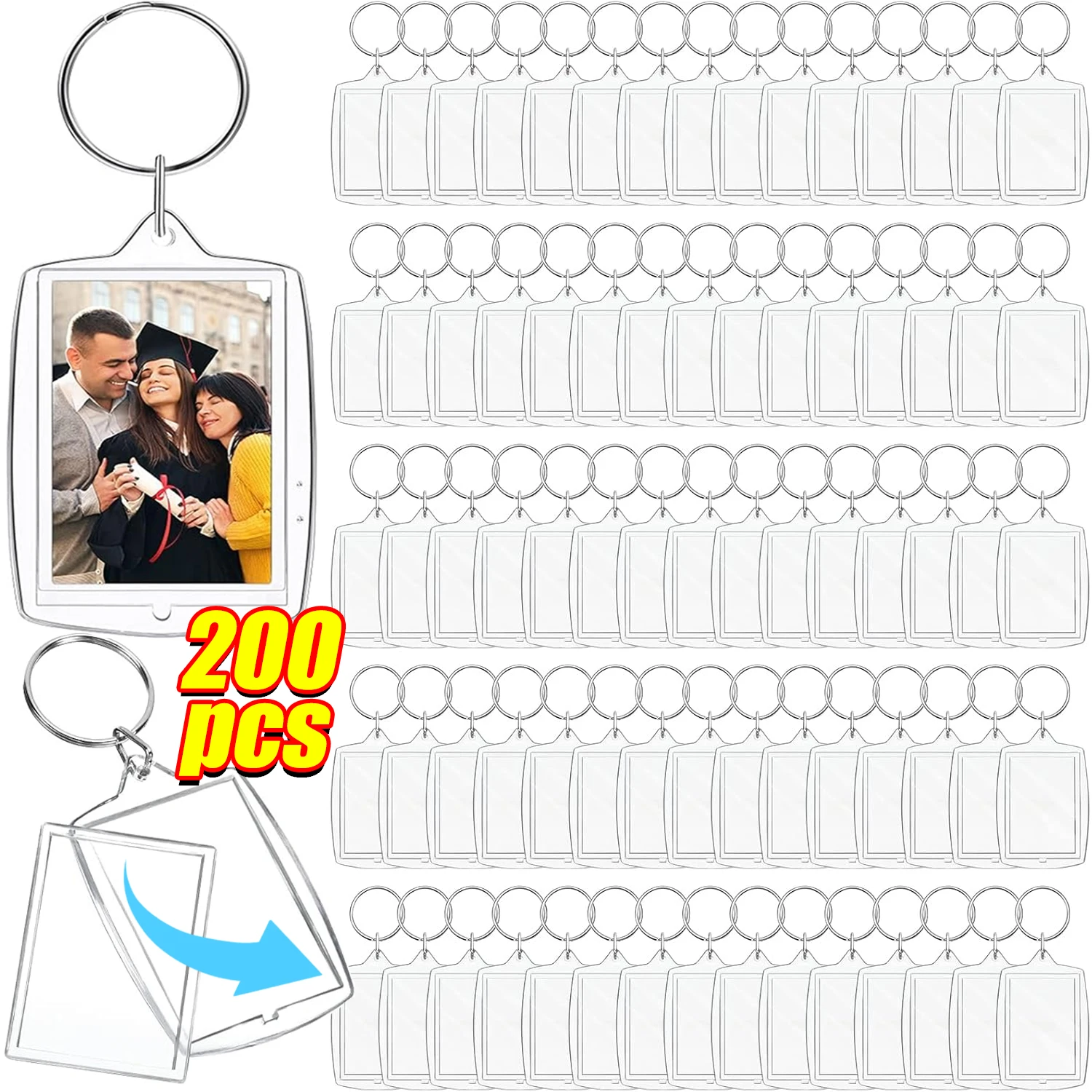 100-200pcs Rectangle Transparent Blank Clear Acrylic Insert Photo Picture Frame Keyring Keychain DIY Split Ring Key Chain Gifts