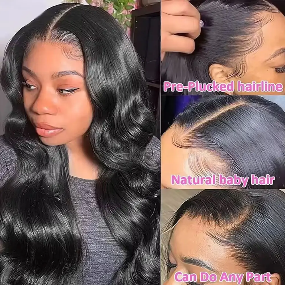 Natural Black Human Hair Wigs Body Wave HD Transparent 13x6 Lace Frontal Wig Pre Plucked Bleached Knots Lace Front Wig