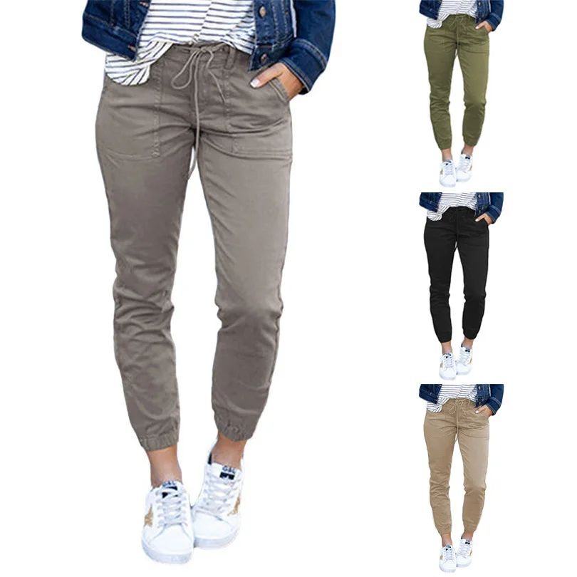 Cross-border women's slim-fit pocket nine-point pants Amazon 2025 new solid color lace-up casual leggings women's cw24105