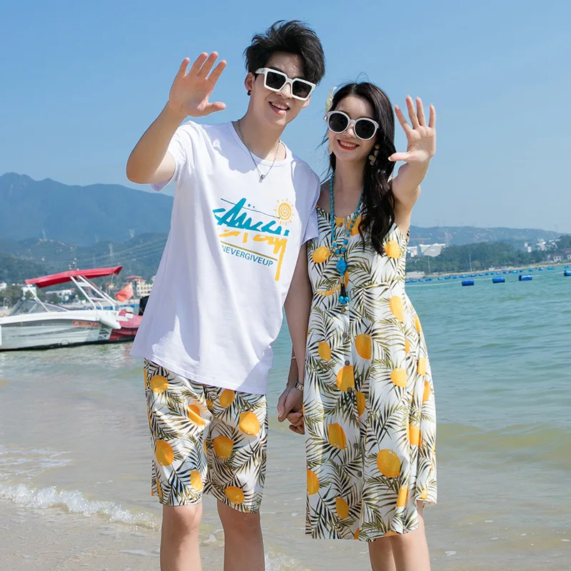 Summer Beach Family Matching Outfits Mum Daughter Floral Dresses Dad Son Cotton T-shirt+Shorts Couple Clothes Holiday Seaside