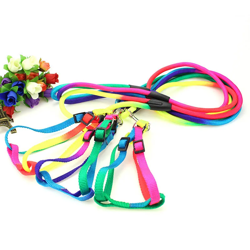 Cute Rainbow Small And Medium Dog Harness 3 Sizes Nylon Leash For Pet Dogs Cats Chihuahua/Teddy/Pit bull Walking Leash Rope