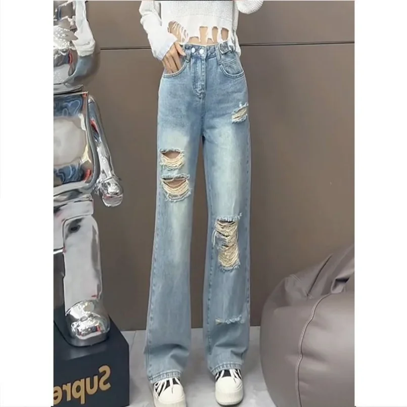 2023 Spring/Summer New Adjustable Waist Split Straight Leg Jeans Women's New Slim Loose High Waist Wide Leg Pants
