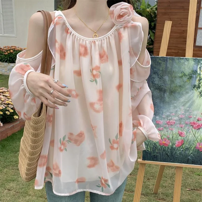 Floral Blouses Women Summer Off Shoulder Sweet All-match Loose Casual Tops Gentle Aesthetic Sunscreen Chiffon Shirts Designed