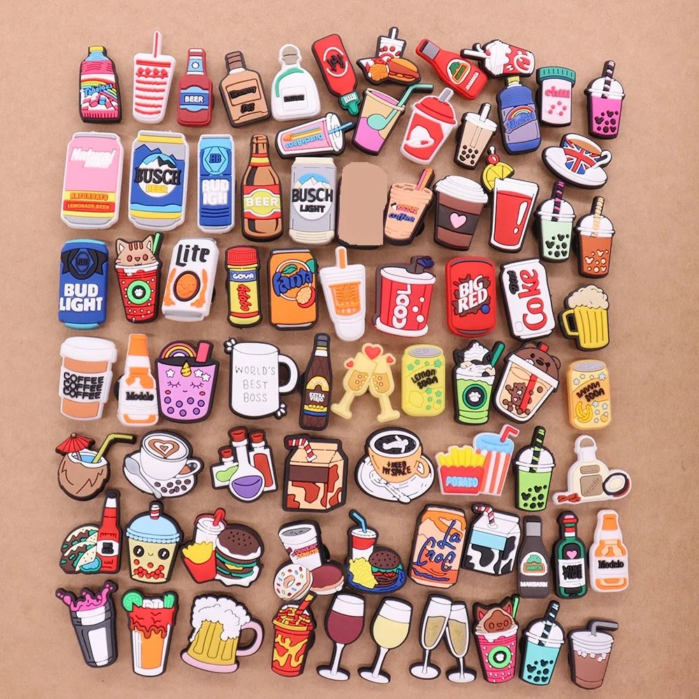 Mix 100pcs PVC Shoe Charms Fit Wristband Drinks Wine Beer Cool Champagne Milk Tea Hamburger Donut Milk Sandals Shoes Decoration