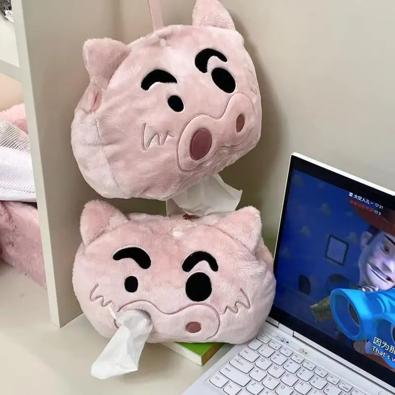 Kawaii Plush Tissue Box Cover Cute Hanging Pink Pig Tissue Holder Creative Cartoon Crayon Shin-Chan Home Car Paper Storage Pouch