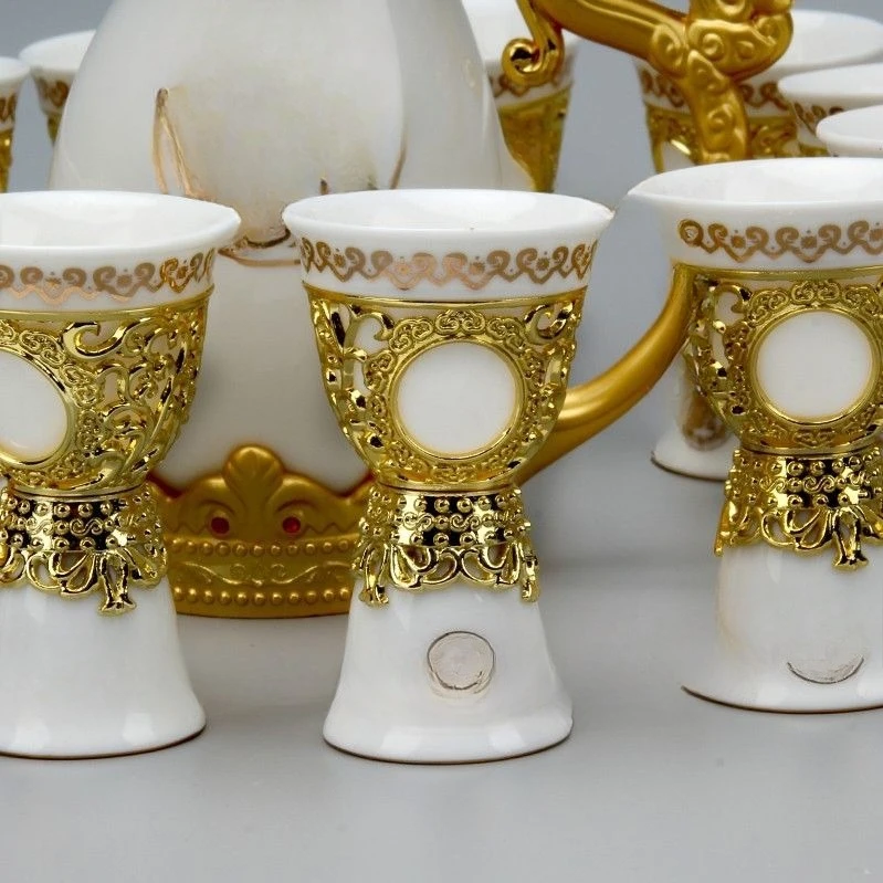 Винный набор, бытовая керамическая маленькая чашка Baijiu, двойная головка, золотая спиртовая чашка, элитный подарочный набор