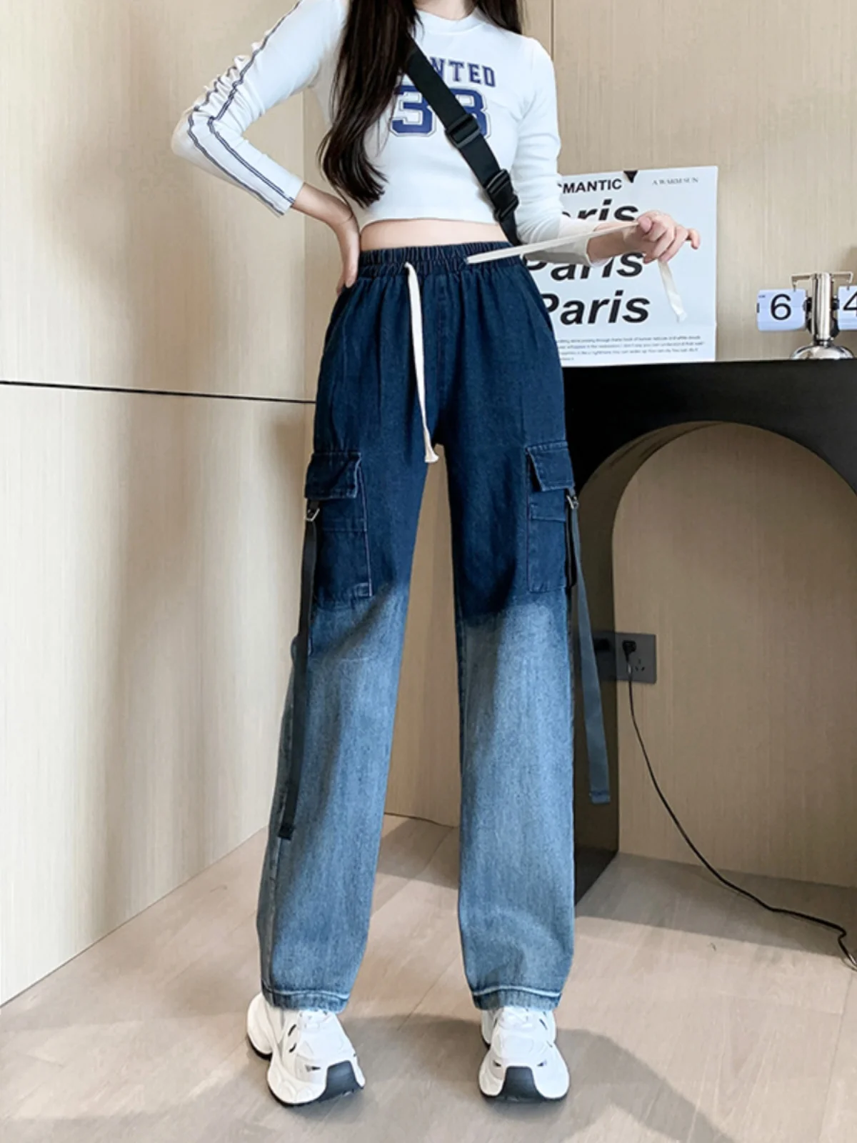 

Women Vintage Gothic Cargo Wide Leg Straight Oversize Denim Pants Oversize High Waist Streetwear Jeans Baggy Trousers A05