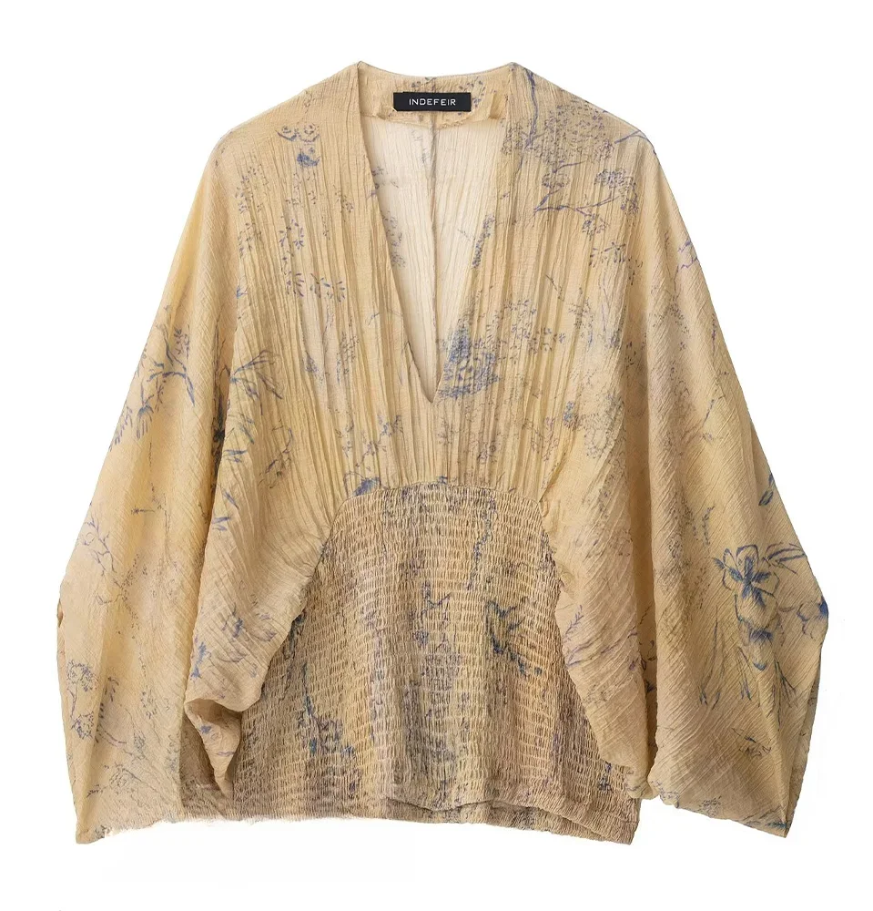 

KONDALA Women Vintage Chic Shirts Printed V-Neck Wide Sleeve Shirts 2025 Spring Summer Fashion Holidays Casual Female Shirts