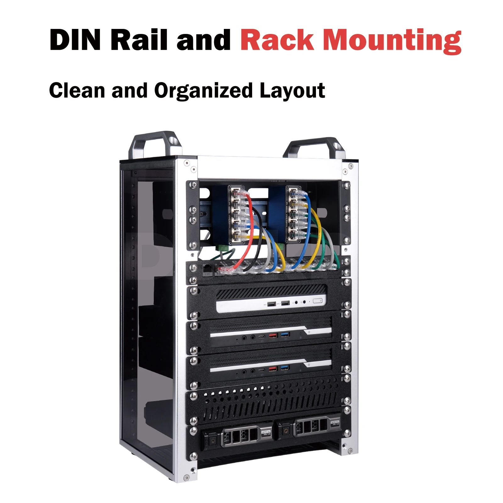 DeskPi RackMate 2U DIN レールマウント、調整可能な深さ 10 インチのシャーシブラケット、35mm DIN レールに取り付けられたデバイススイッチメディアコンバーター用