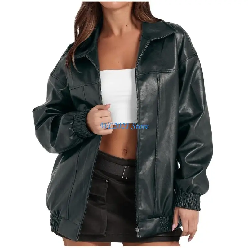

G5GC Leather Women Faux Oversized Motorcycle Bomber Coats Fall Fashion Outfits Winter Clothes