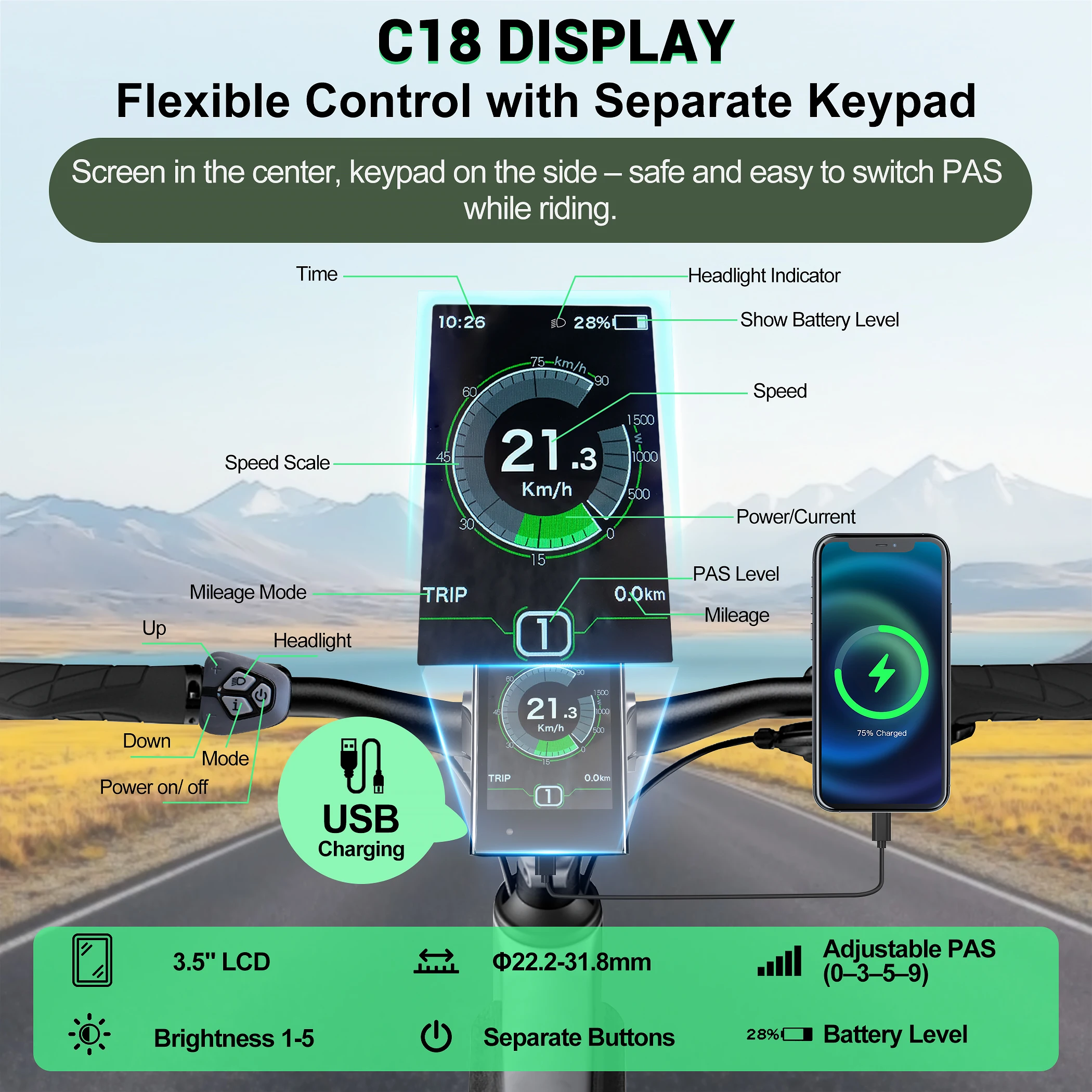 

DPC18 Electric Bicycle Display, Compatible with BAFANG BBS Mid-drive Motor Bicycles, Supports Both UART and CAN Protocols