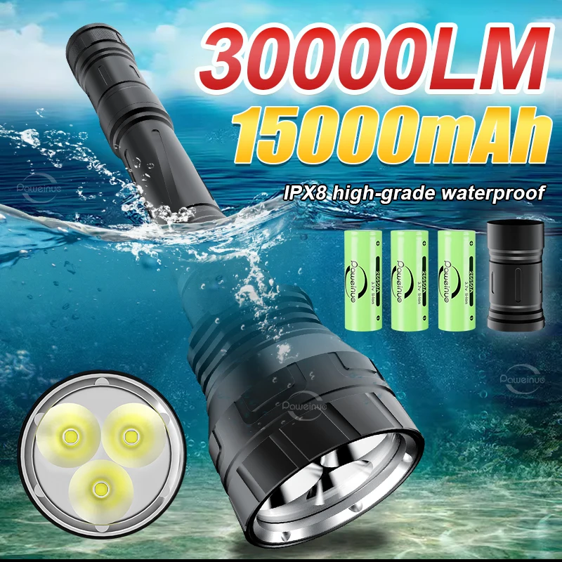 Super IPX8 Professional Diving Flashlight Powerful 3*XHP300 Underwater Lantern 15000mAh Underwater Torch 18650 Diving Lantern