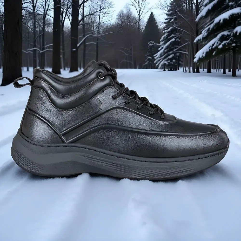 

High Top Cow Leather Shoes Men Plush Cotton Fluff Casual Cowhide Boots Outdoor Sneakers Plus Velvet Winter Walking Super Warm 45