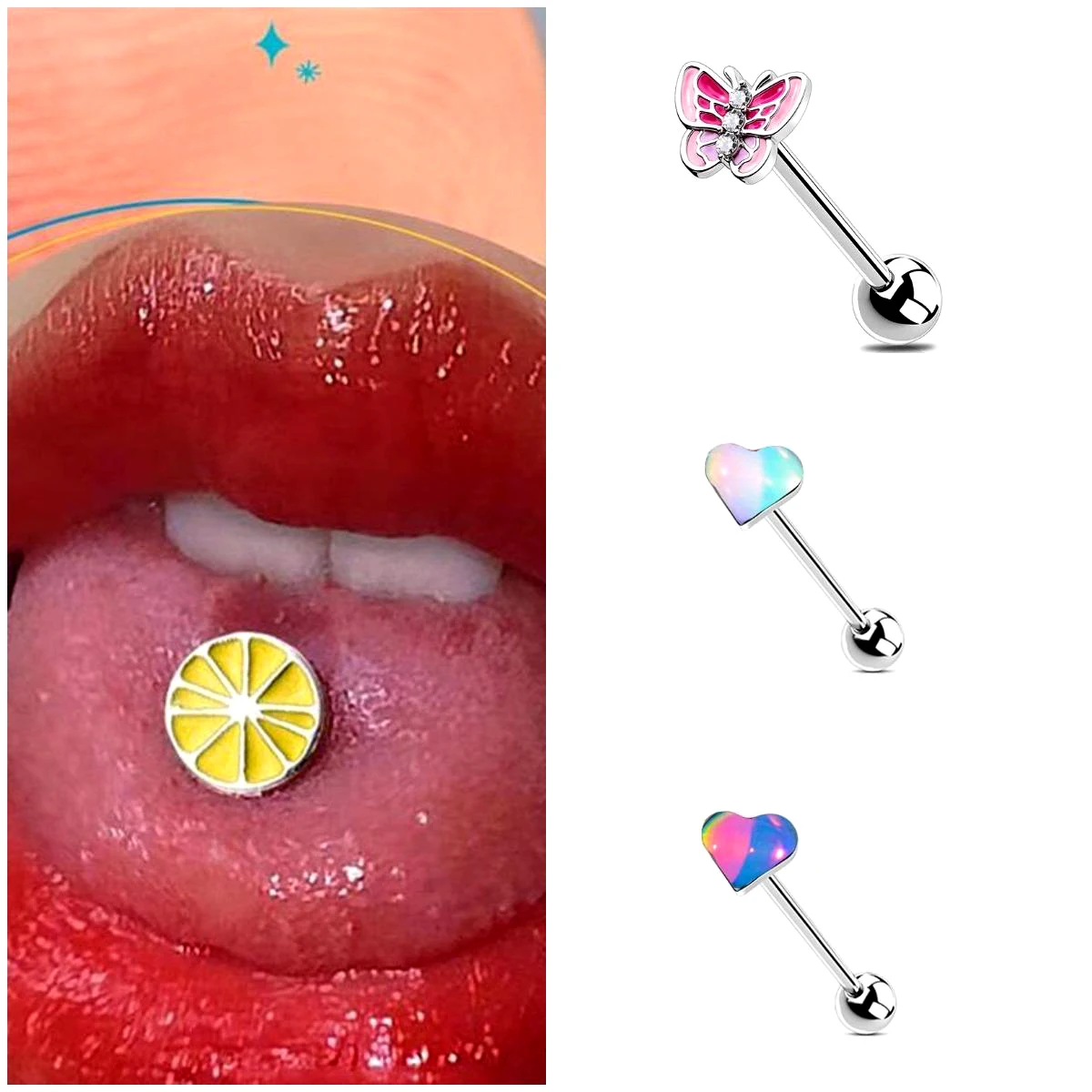Stainless steel heart-shaped tongue nail zircon star tongue ring human puncture jewelry