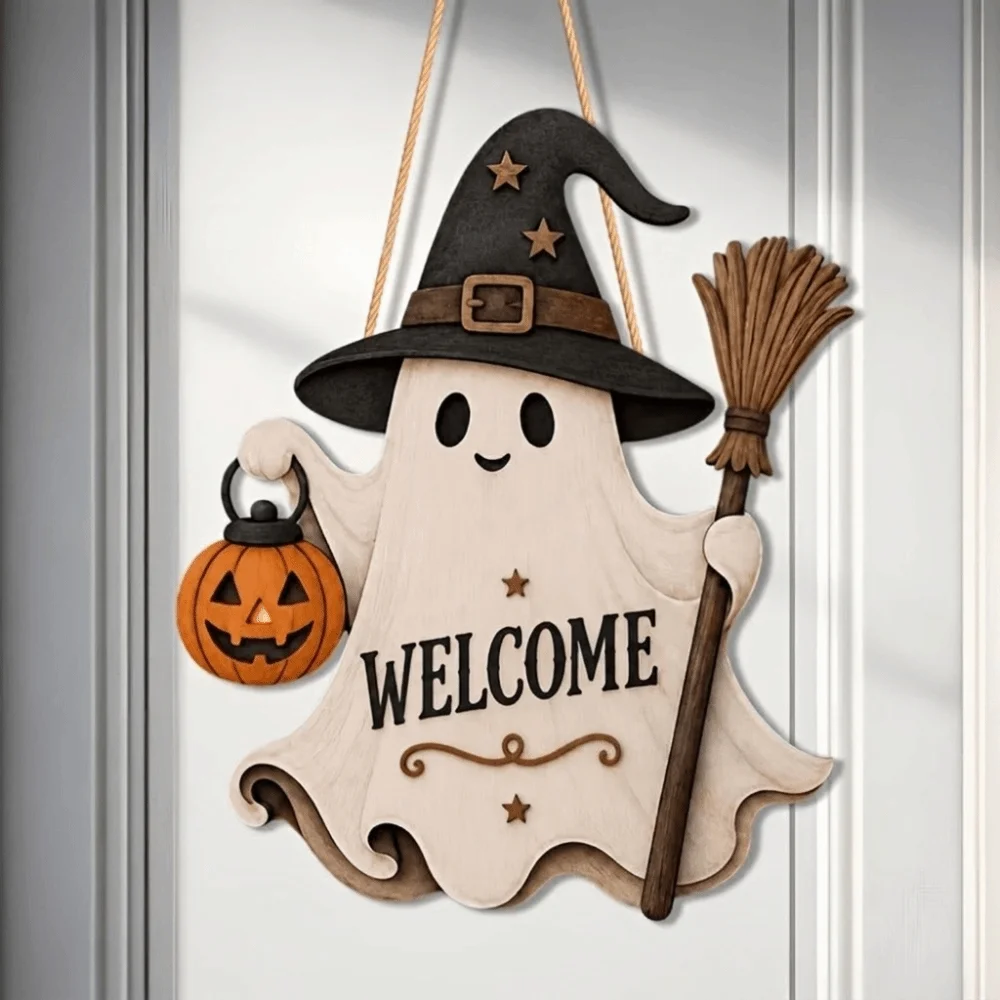 2D Flat Ghost Door Hanging Rustic Style White-Clad Ghost Theme Halloween Welcome Door Sign Cartoon Pattern