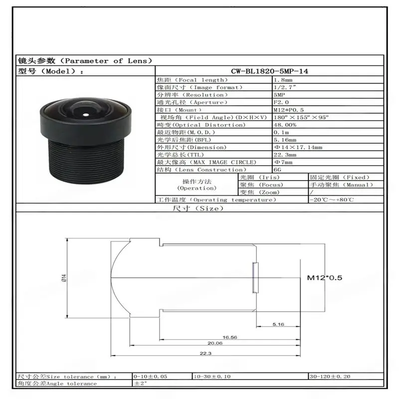 Y45A-Fisheye Lens 5MP 1.8Mm F2.0 1/2.7