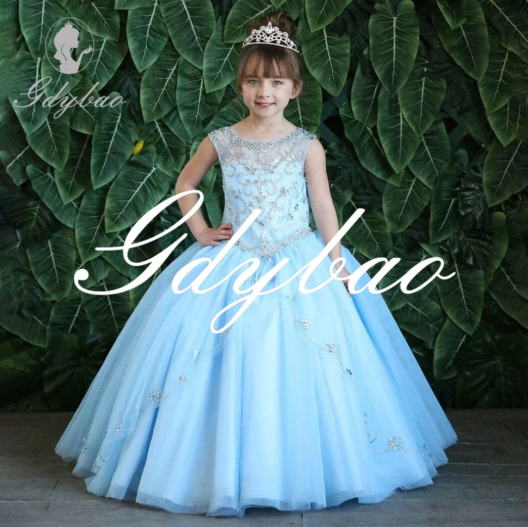 Crystals Luxury O Neck Elegant Formal Princess Wedding Party Flower Girl Dress Sleeveless Diamond Long Ball First Communion Gown