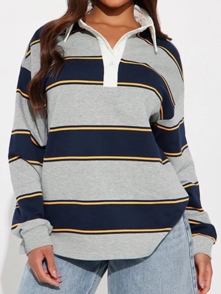 

Women's Clothing Lapel Button-down Striped POLO Shirt Loose Top Simple Style Contrast Commuting Casual All-match Blusas Fashion
