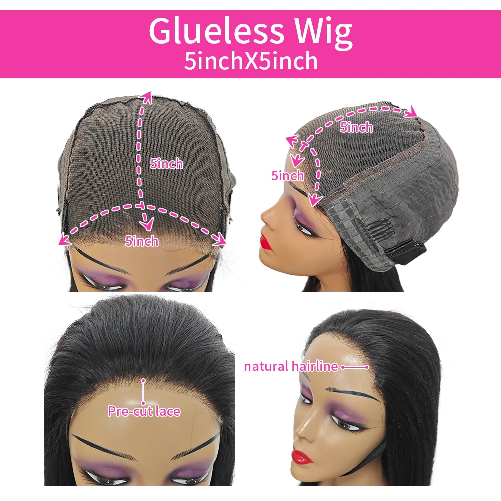 Perruque HD Lace Front Wig sans colle naturelle, cheveux lisses, pre-plucked, 30 pouces, 5x5, densité 200