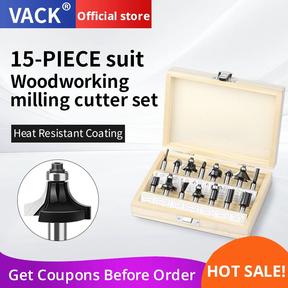 VACK 15Pcs/set Router Bits Set 8mm Shank Straight TShpae Milling Cutters For Wood Carbide Endmills Carpentry Tools