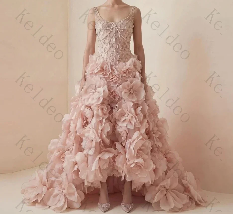Customized High Quality Round Neck A-line Sleeveless Wedding Dresses Exquisite Flowers Beading Pearls Floor-Length Bridal Gowns