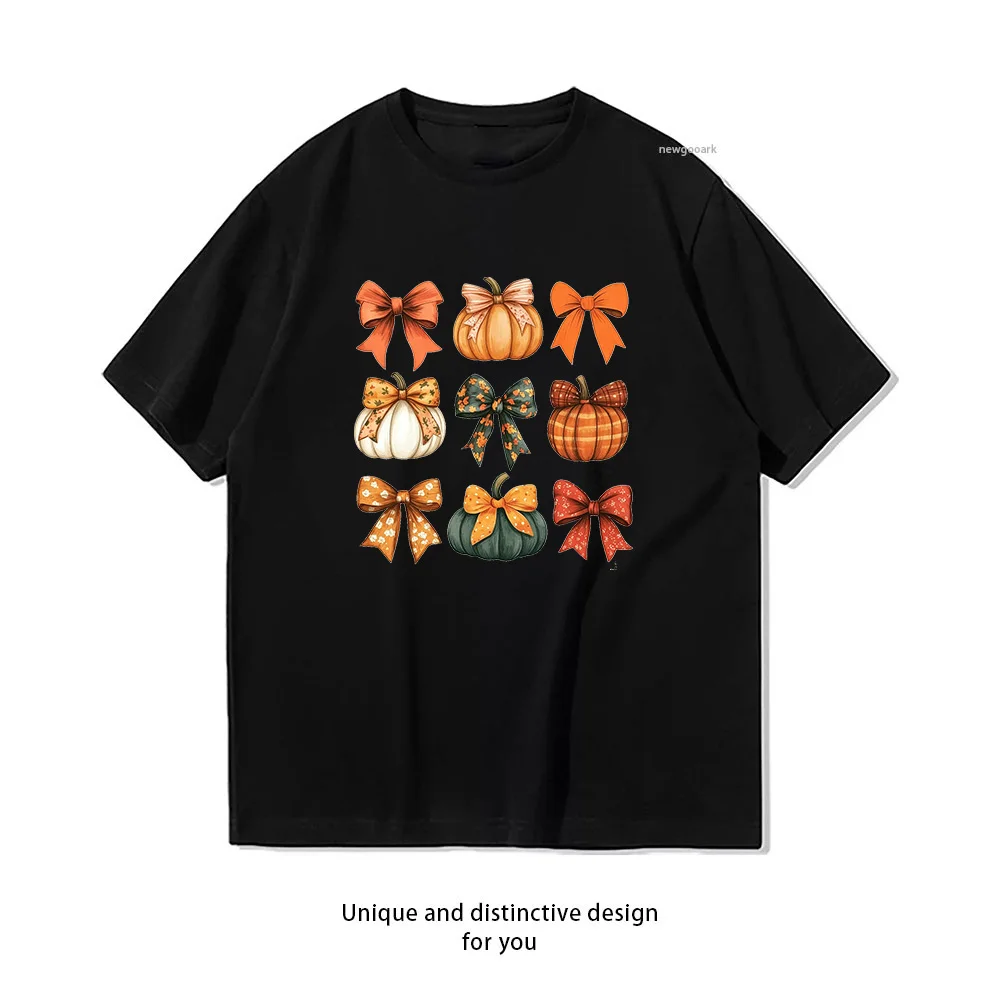 Retro Fall Autumn Pumpkin Bow Thanksgiving T-shirt Woman Man Summer Cotton Graphic T Shirts Adult Casual Streetwear Camisetas
