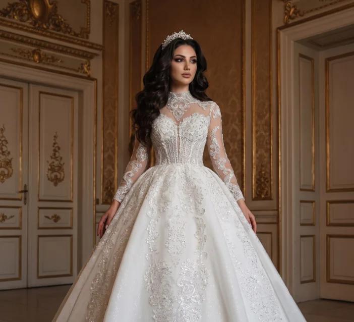 Exquisite A-Line Lace Bead Decal Women's Wedding Dress High Neck Transparent Long Sleeved Vestido De Novia 2026 Customized