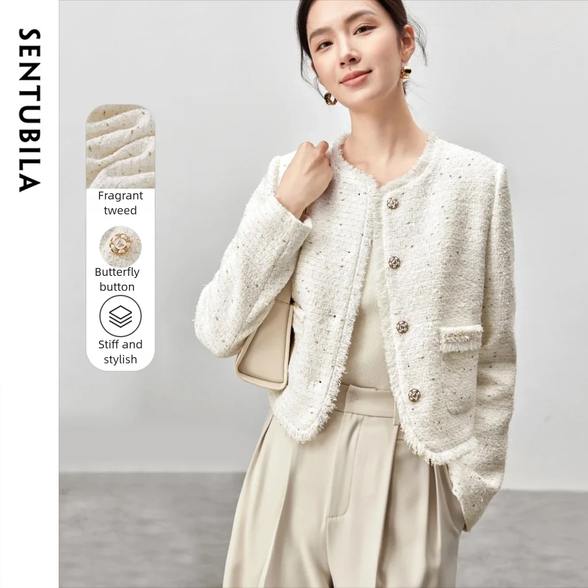 

SENTUBILA текстурированные твидовые куртки с кисточками для женщин, осень 2022, прямой круглый вырез, длинное элегантное пальто с металлическими пуговицами, 143W56006