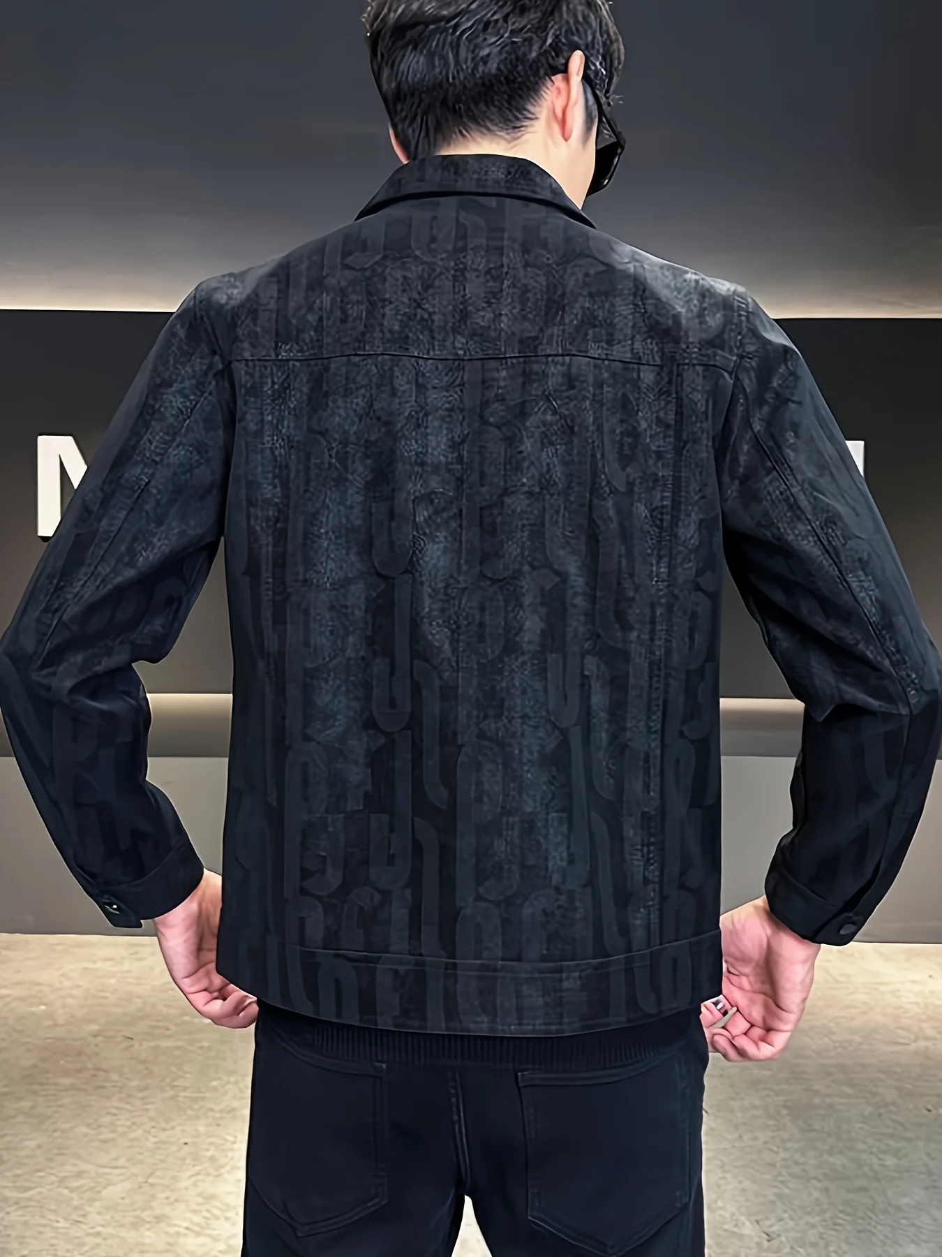 Men'S Stylish Black Bomber Jacket with Printed Design - Casual Workwear, Long Sleeve, Button-Up, Single-Breasted, Regular Fit, P