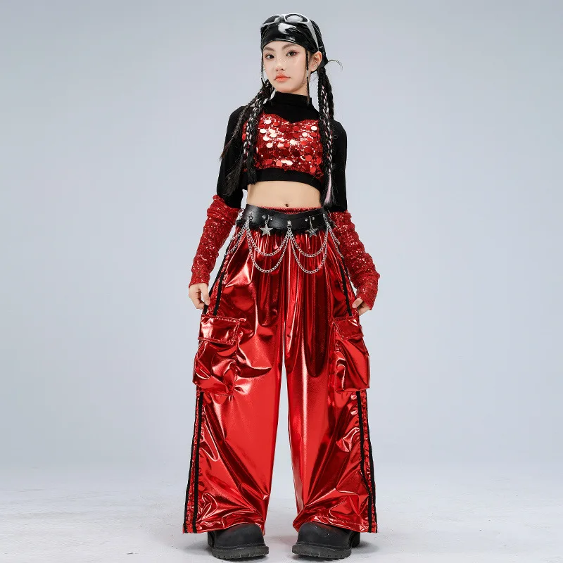 새로운 소녀 재즈 댄스 의상 빨간색 스팽글 댄스복 세트 크롭 긴팔 상의 헐렁한 바지 그룹 케이팝 댄스 무대 공연복
