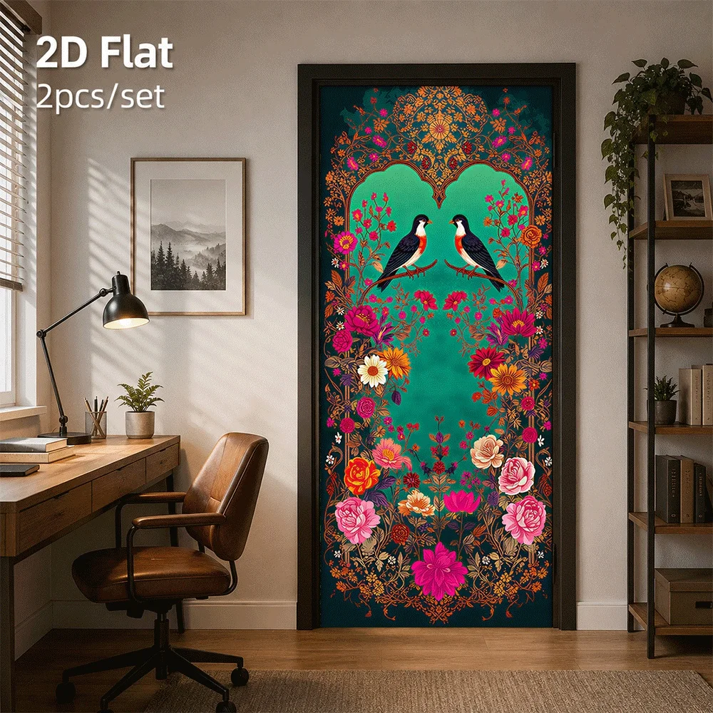 One door sticker presents two birds and colorful flowers in a symmetrical design for home decoration 2D plan