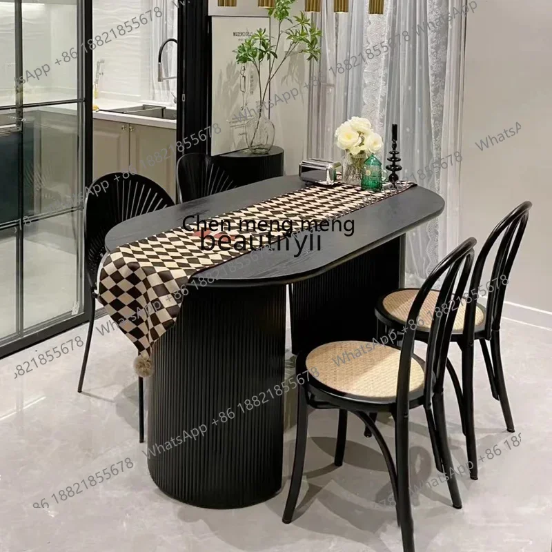 

cc182R11 French Retro Black Solid Wood Dining Table Roman Column Dining Table Home Oval Dining Tables and Chairs Island Table Lo