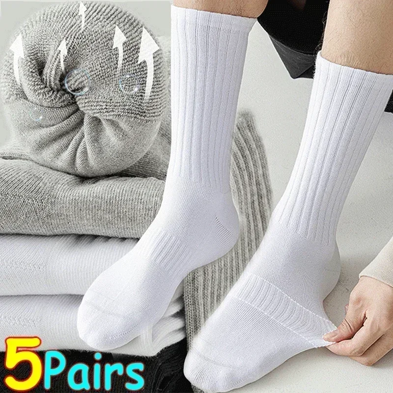 1/5pairs High Quality Black White Pure Color Cotton Unisex Sock Office Sport Business Anti-Bacterial Deodorant Men Long Socks