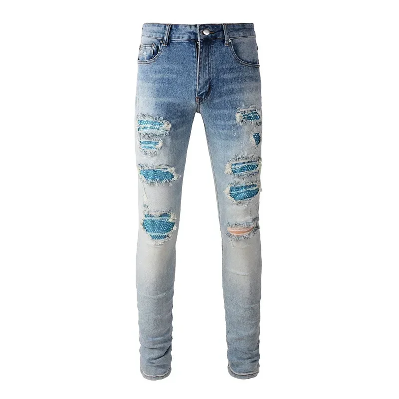 

Four Seasons Men's Casual Washed Gradient Colored Light Blue Elastic Jean Pencil Pants Hole Denim Trousers Male Men's Streetwear