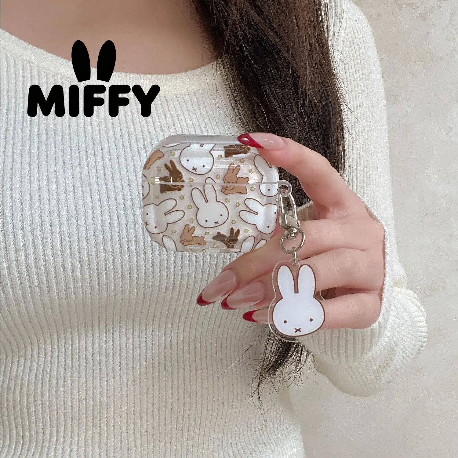 Cute Miffy Bunny Airpods Case Cartoon Rabbit Pattern Earphone Cover with Pendant Kawaii Shockproof Protective Shell for Airpods