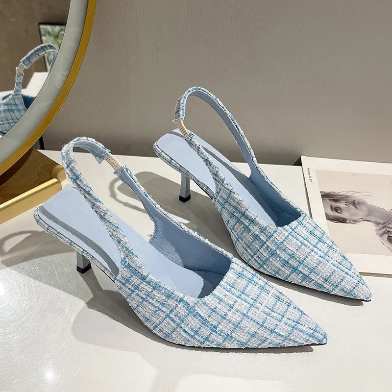 صنادل كعب عالٍ مدببة باللون الأزرق البحري للنساء من الخلف مجوف بنصف رأس أحذية فردية عصرية متعددة الاستخدامات