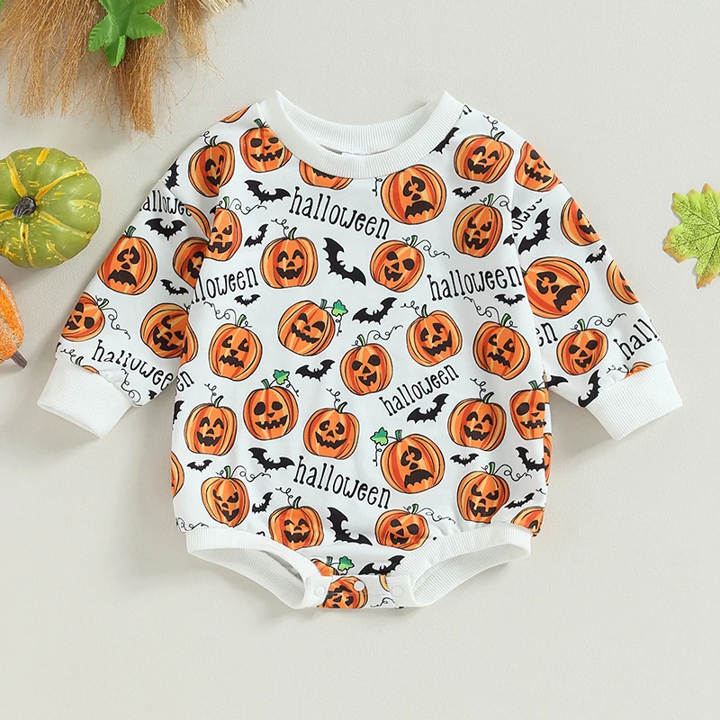 

Cute Toddler Halloween Costume with Ghost Spider Witch Print Crew Neck Long Sleeve Bodysuit Romper for Kids