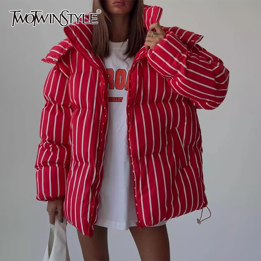 Twotwinstyle americano casual listrado para baixo casaco para mulher com capuz mangas compridas solto emendado zíper jaqueta feminina roupas de inverno