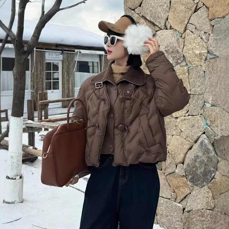 Winter Lamb Wool Lapel Short Down Jacket Female Thicken Warm Loose Jackets Women White Duck Down Single Breasted Parker Outwears