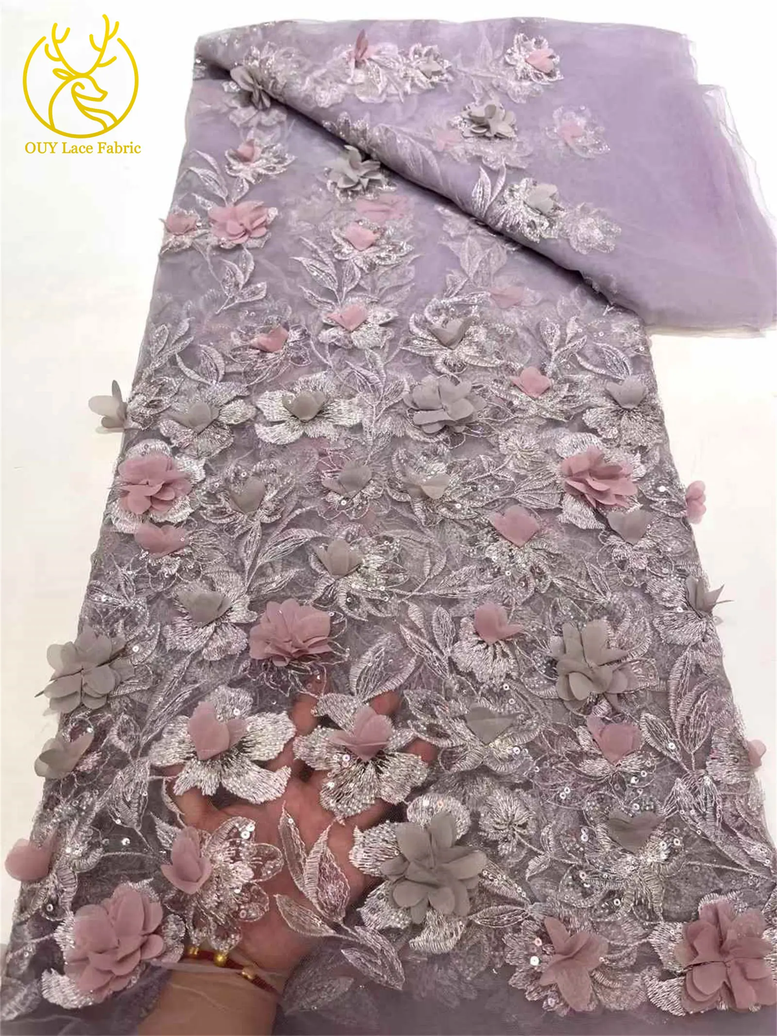 Latest African Beaded Sequins Lace Fabric Fashion Nigeria France 3D Applique Embroidery Mesh Tulle Lace For Wedding Dress Party